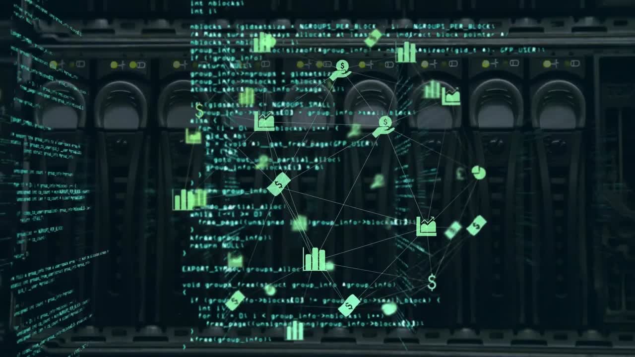 Animation of connected icons globe and computer language, back panel of data server