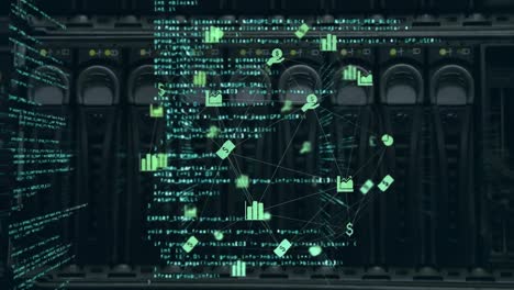 animation of connected icons globe and computer language, back panel of data server