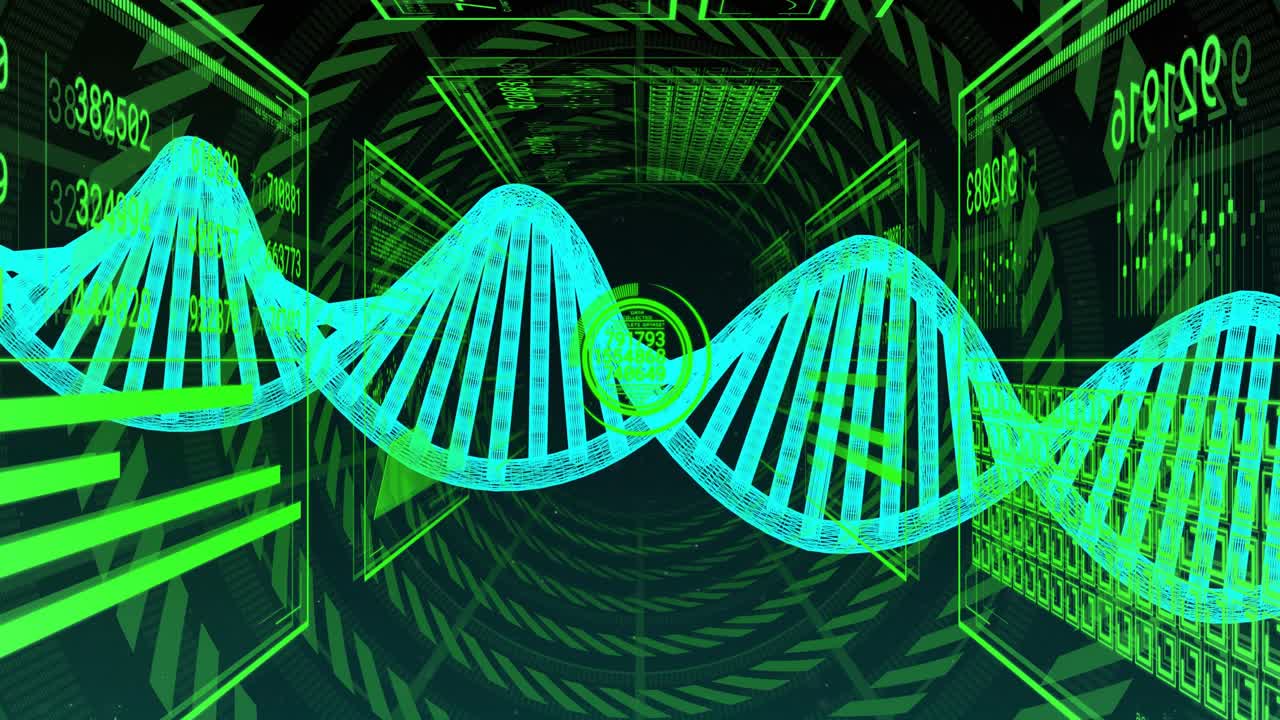 One-second start launching DNA helix sliding through tunnel reticle scanning each twist to inspect