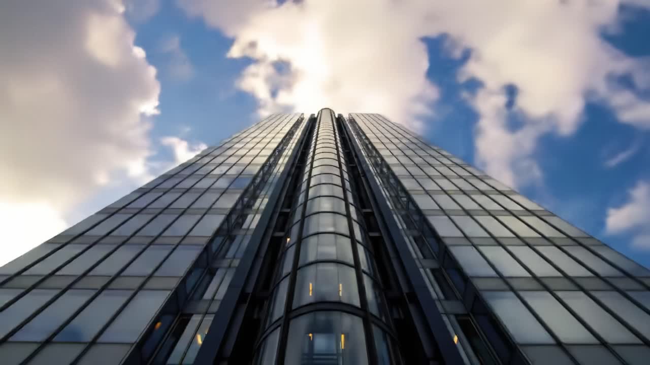 A tall, modern glass skyscraper is prominently featured, reaching upward against a bright blue sky with scattered clouds. The reflection of the sky enhances its sleek design.