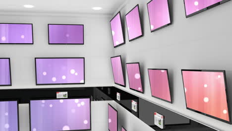 animation of rows of television sets in store with glowing screens with copy space