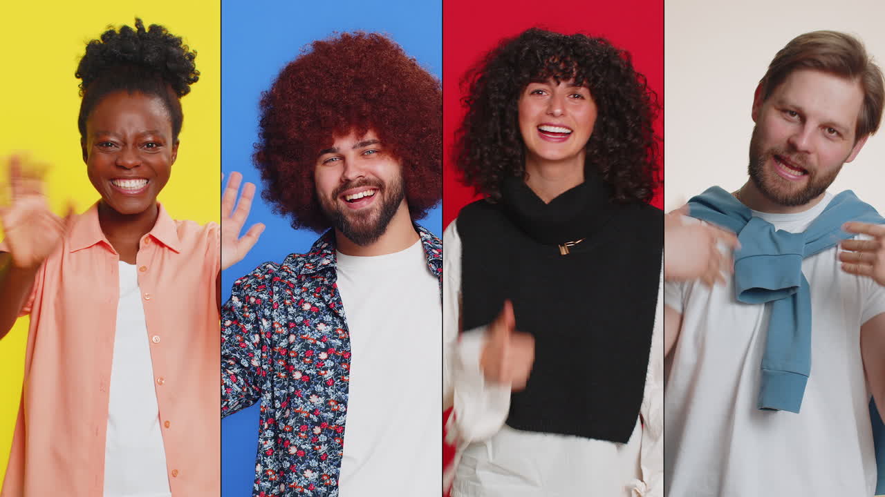 Collage of happy people men women waving hands friendly gesturing invitation hello hi welcoming bye