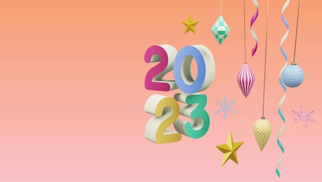 Animation-of-2023-number-over-new-year-and-christmas-decorations-on-pink-background