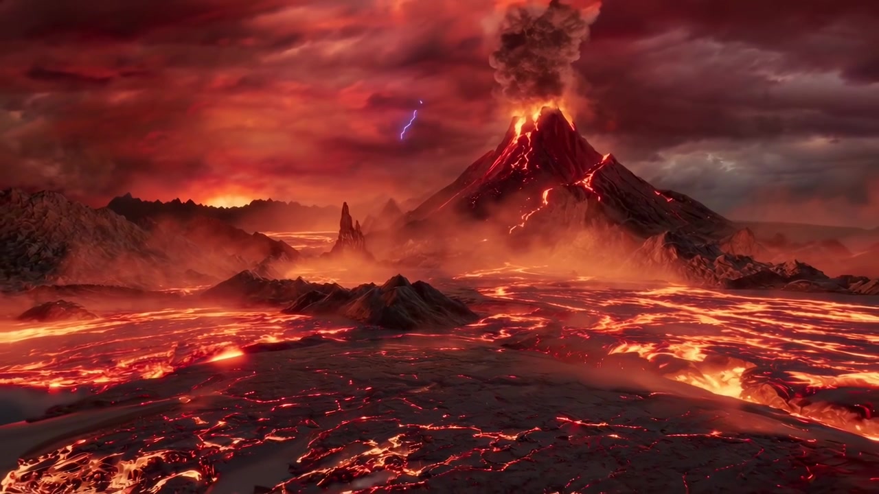 Active Volcano Erupting with Molten Lava Flowing Down Mountain
