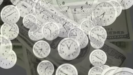 Animation-of-clocks-ticking-over-american-dollar-currency-banknotes