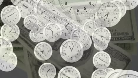 animation of clocks ticking over american dollar currency banknotes