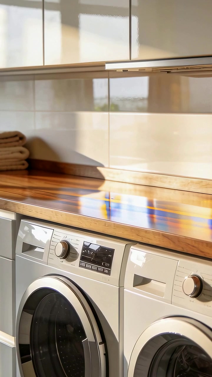 Verticale video: Bewegend zonlicht, kantelende camera, wasmachine en droger onder een houten blad, onthult handdoeken.