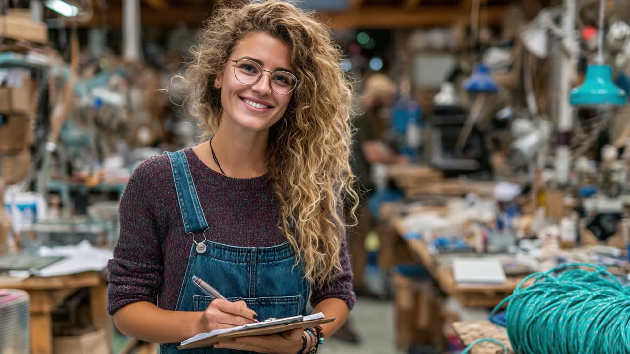 Uma jovem sorridente de macacão azul segura um caderno e um lápis em uma oficina criativa cheia de ferramentas e materiais artesanais