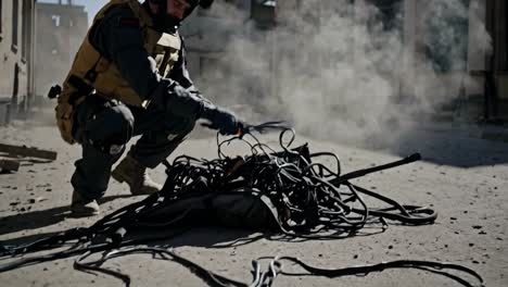 military personnel investigating damaged equipment in a war zone