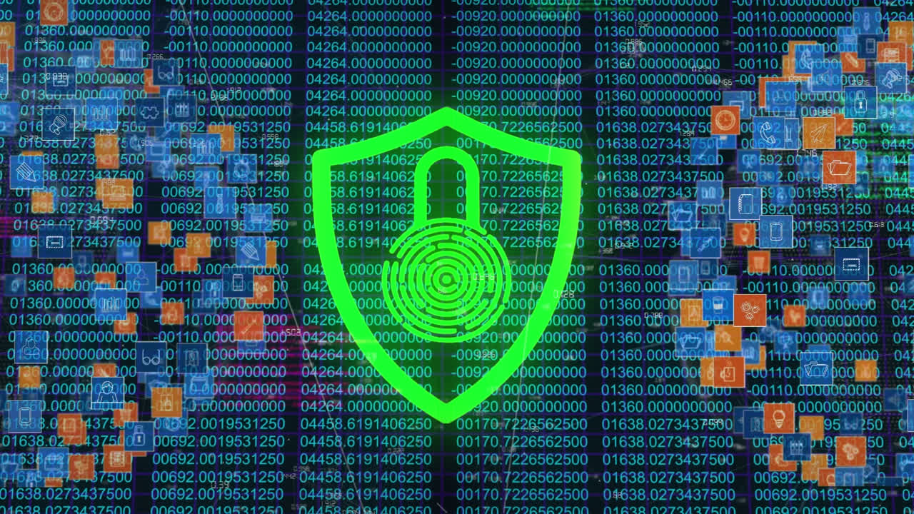 animazione dell'elaborazione dei dati biometrici delle impronte digitali e della rete di connessioni su sfondo scuro