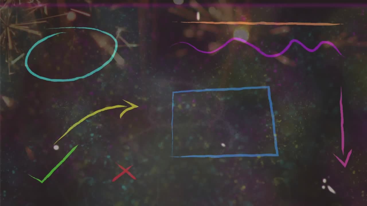 불꽃놀이 위에서 날아다니는 다채로운 모양의 애니메이션