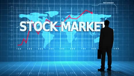 businessman in front of global business interface with the word stock market