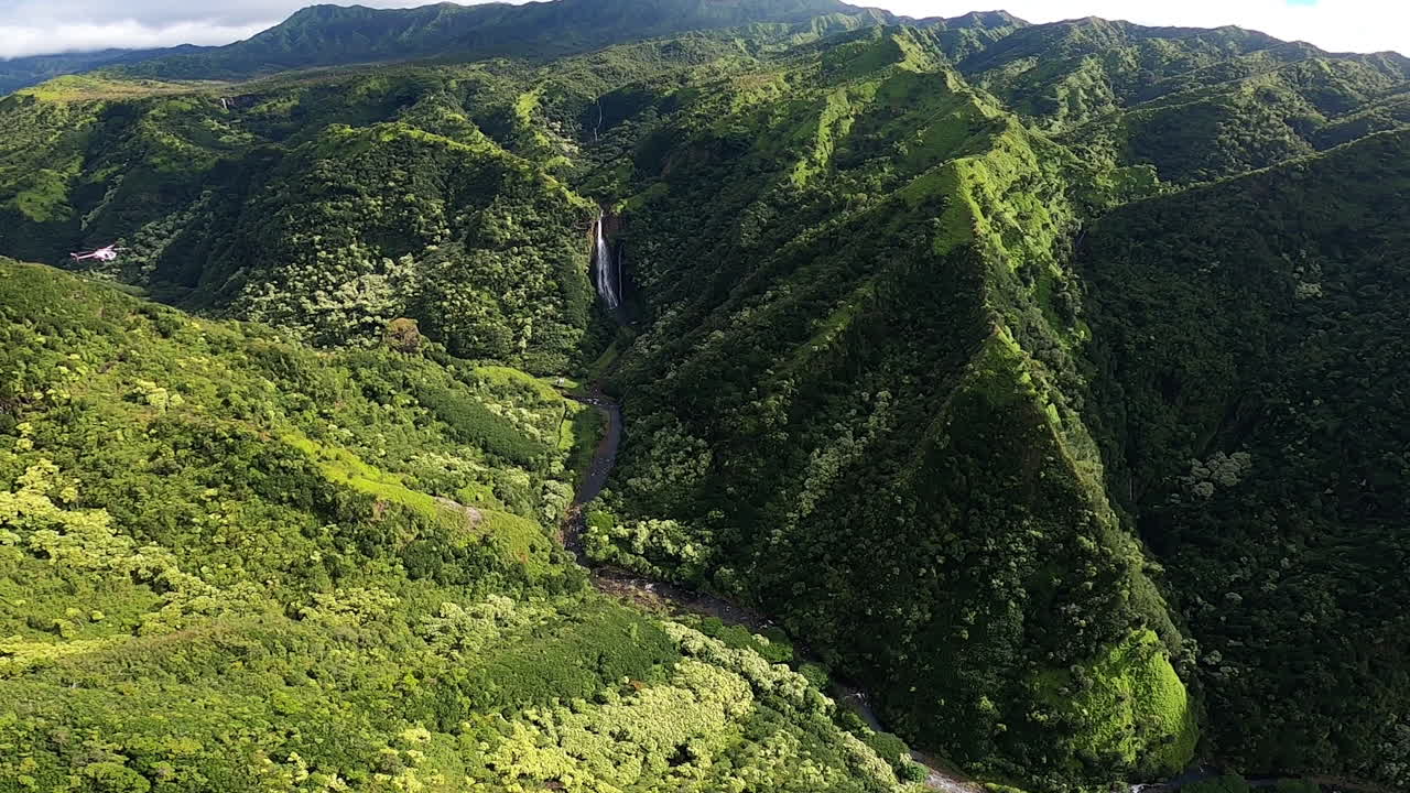 Aerial View of a Lush Tropical Valley with Waterfall