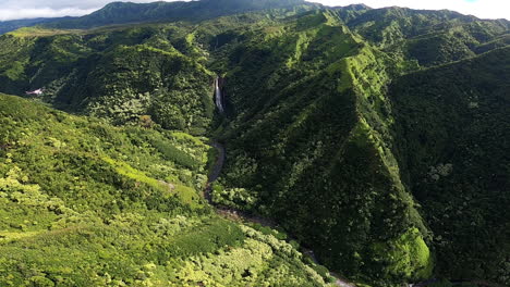 aerial view of a lush tropical valley with waterfall