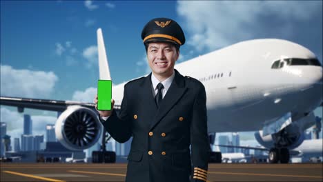 piloto sosteniendo un teléfono inteligente con pantalla verde en el aeropuerto