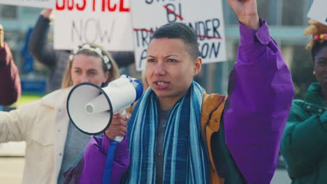 group of protestors with placards and megaphone on demonstration march for gender equality