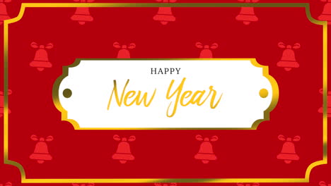 happy new year with red bells on gold frame background