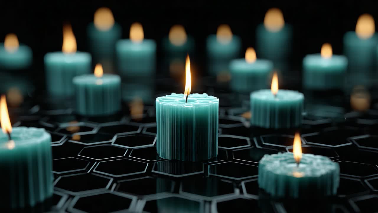 Un'incantevole esposizione di candele color ottanio che brillano delicatamente nella notte, creando un'atmosfera tranquilla e serena con le loro dolci fiamme