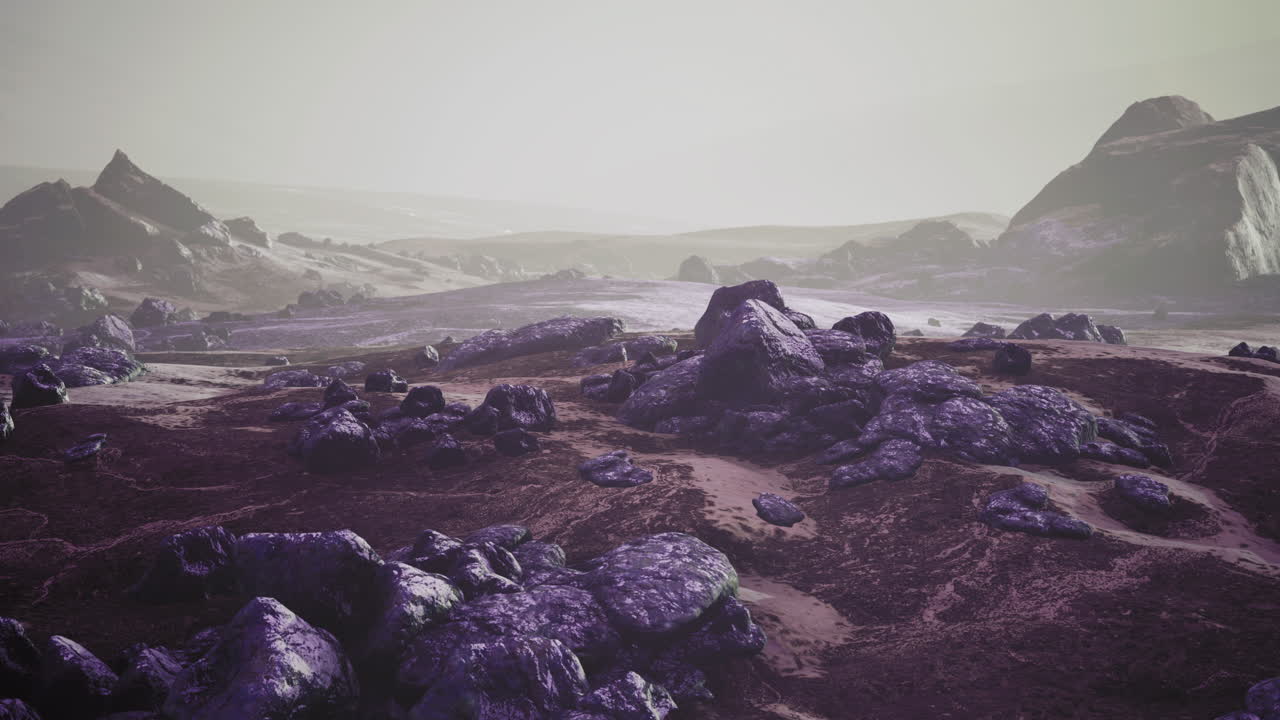 Mysterious alien landscape with rugged terrain and distant formations