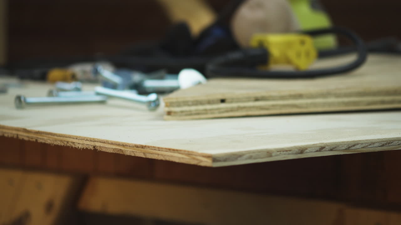 작업 중인 목수가 합판에 나사를 잡고 미니 경사로를 만들고 닫습니다.