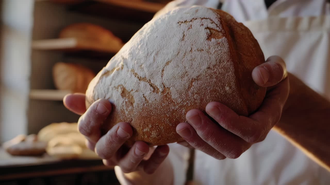 Baker Holding Freshly Baked Bread
