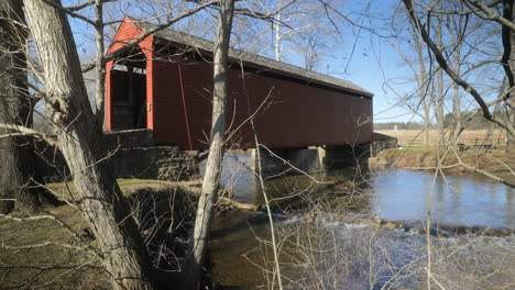 winter, static shot of one of three covered bridges in maryland