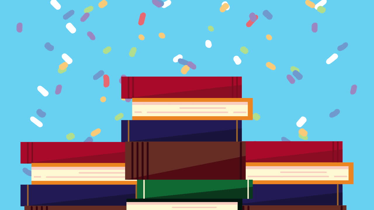 text books and confetti animation