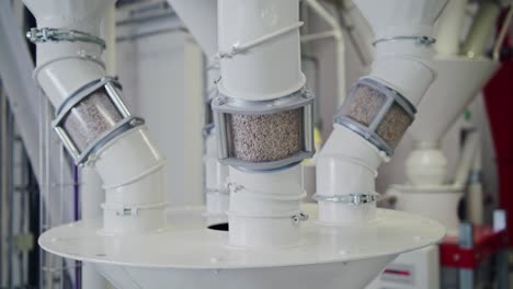 grain cascading through transparent inspection tubes at a state-of-the-art grain mill facility, showcasing large-scale food production on an industrial level