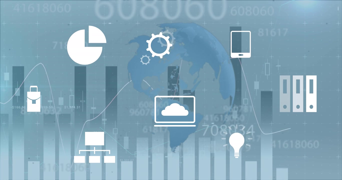 Animation af finansiel databehandling med digitale ikoner over en globus.
