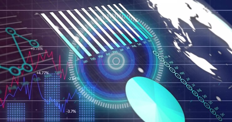 Animation of data processing and scope scanning over blue background