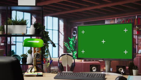 green screen computer monitor on wooden desk in modern home