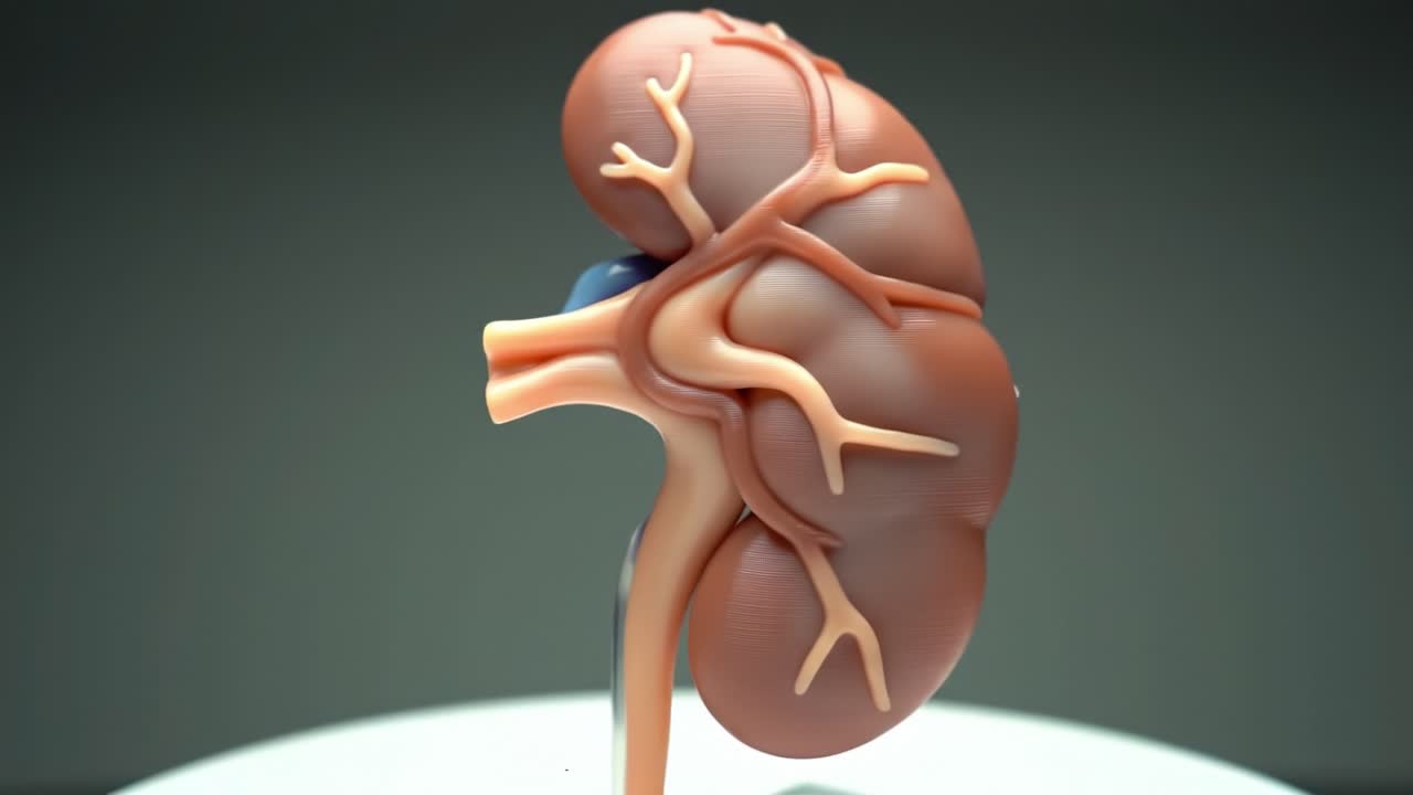Detailed 3D Model of a Human Kidney Showcasing Anatomical Features, Including Blood Vessels and Structures, Ideal for Educational and Medical Purposes