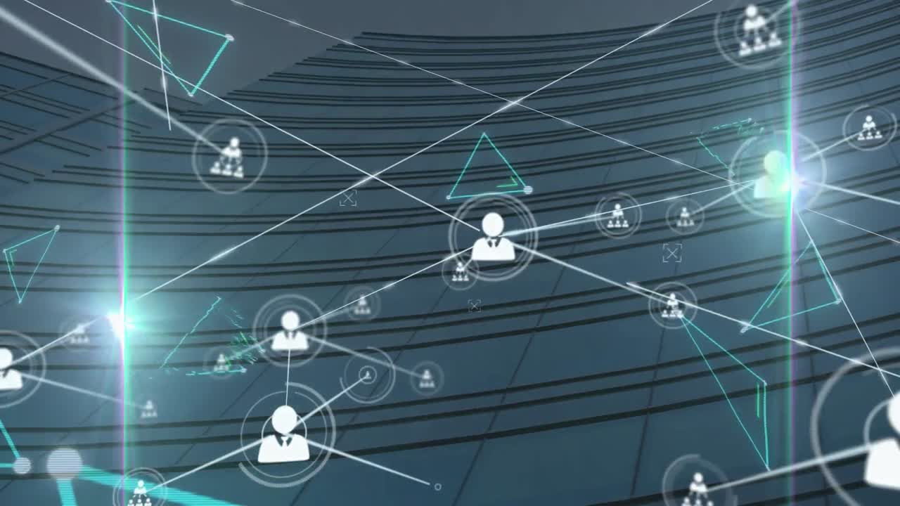 Animazione di una rete di connessioni con icone sul paesaggio cittadino