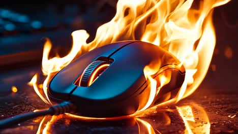 a computer mouse on fire on a table