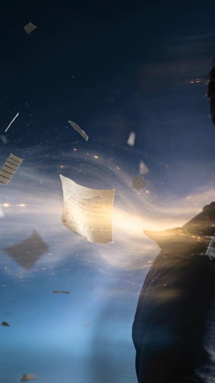 วิดีโอแนวตั้ง: หน้ากระดาษกำลังเคลื่อนที่จากซ้ายข้ามฉากสีน้ำเงิน ผ่านลำตัวที่สวมเสื้อแจ็คเก็ต มีแสงแฟลร์อบอุ่น และพื้นที่สำหรับข้อความ