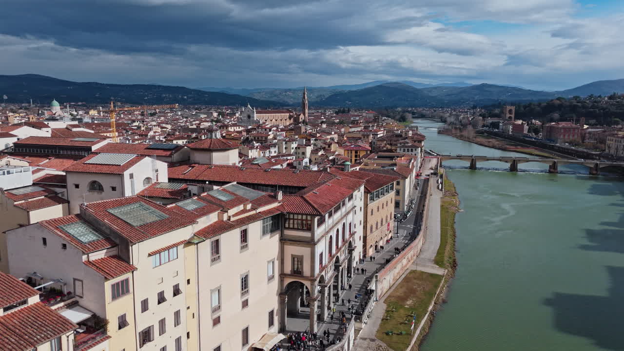 Panoramic aerial view of Florence near Galleria degli Uffizi with the Arno River