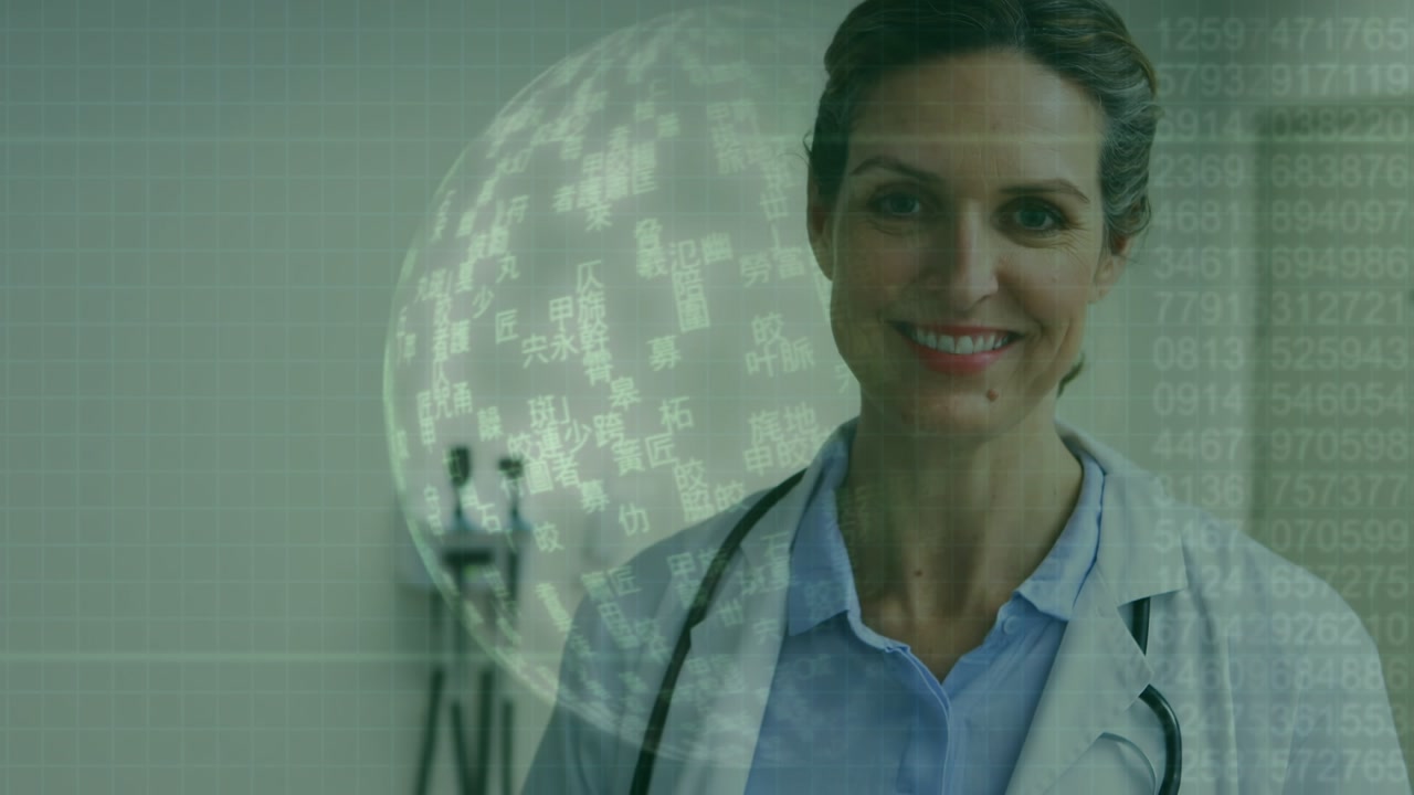 Animazione di dottoressa caucasica che usa un tablet su elaborazione dati