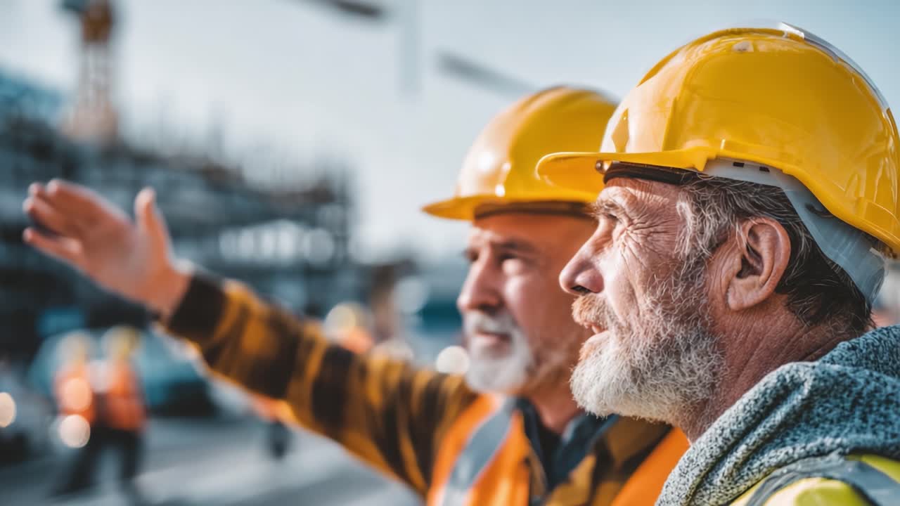 Two Construction Workers with Hard Hats Observing a Building Project, Engaging in Discussion While Overseeing Activity on the Job Site under a Clear Sky