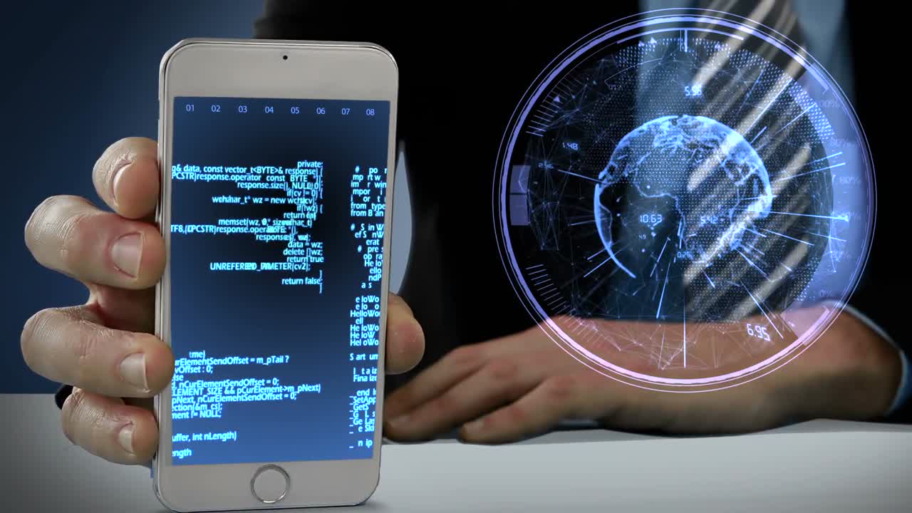 Hand showing mobile phone with virtual digital interface