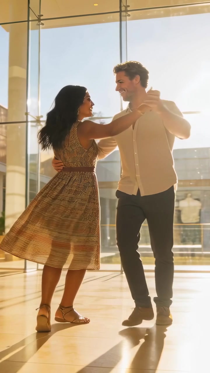 Video verticale: Coppia che entra ballando nell'atrio vicino a una parete di vetro, l'uomo guida con amore la donna in abito