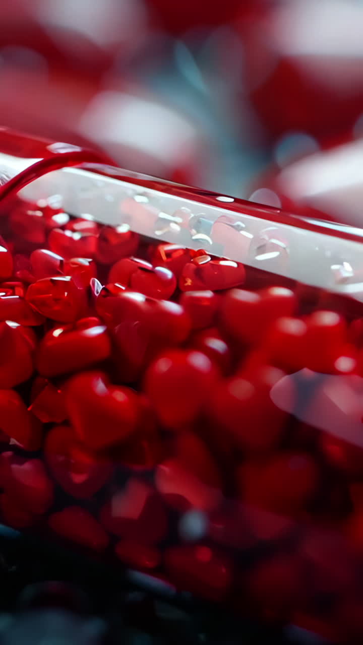 A close up of red pills with one of them being a red pill with a white center Vertical video