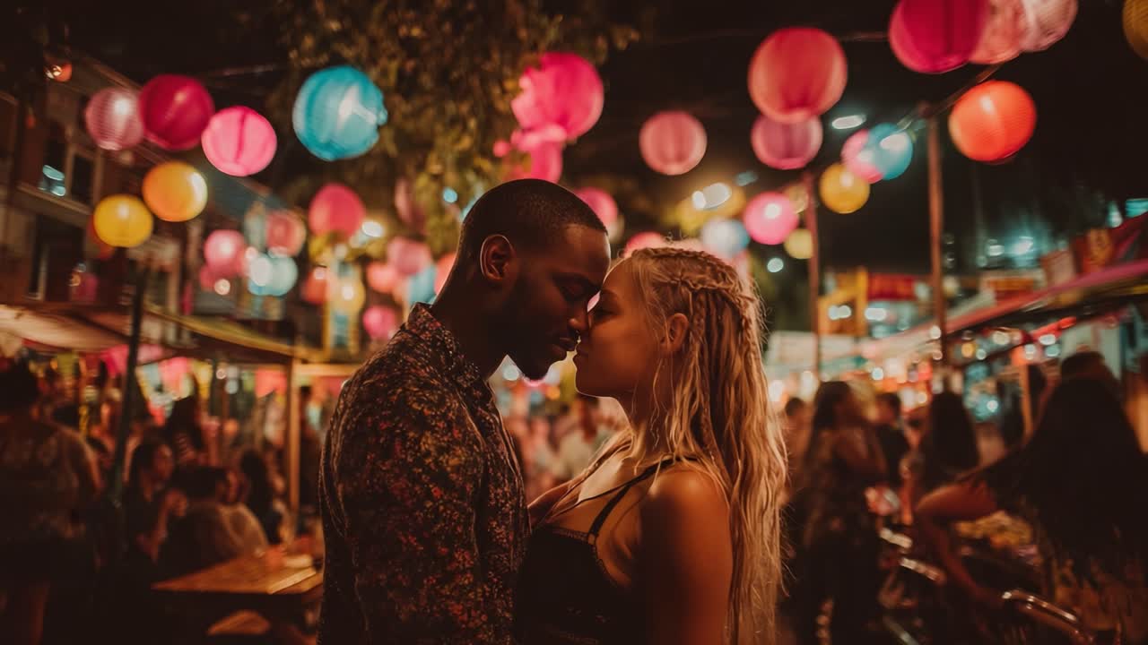 A Magical Evening Embrace: Two Souls Connected Amidst Colorful Lanterns in a Lively Festival Atmosphere Filled with Love and Romance Underneath the Stars