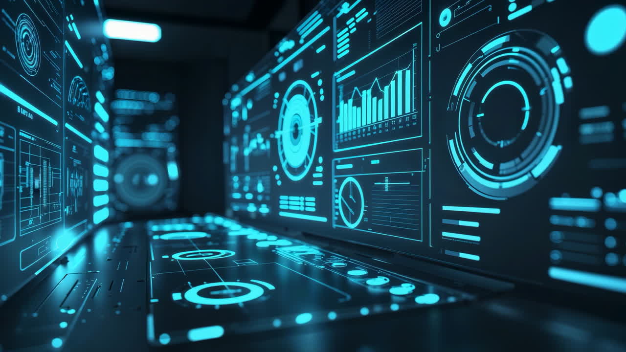 Futuristic Digital Data Interface with Holographic Displays