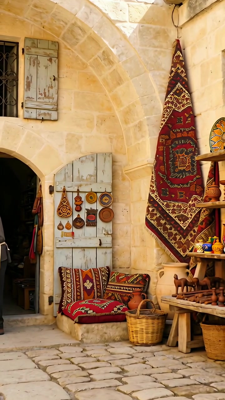Vertical video: Stepping vendor in jacket and apron holding tray from shop door, showing red rug