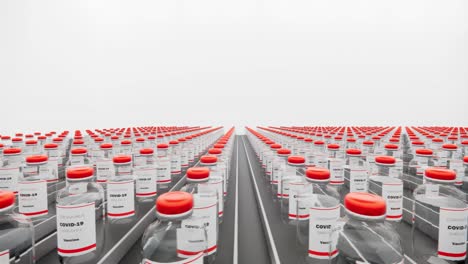 vaccine bottles on the production line. coronavirus vaccine has been certified and ready to injection. many families are waiting to be vaccination from covid-19 and sars, loop 3d render animation.