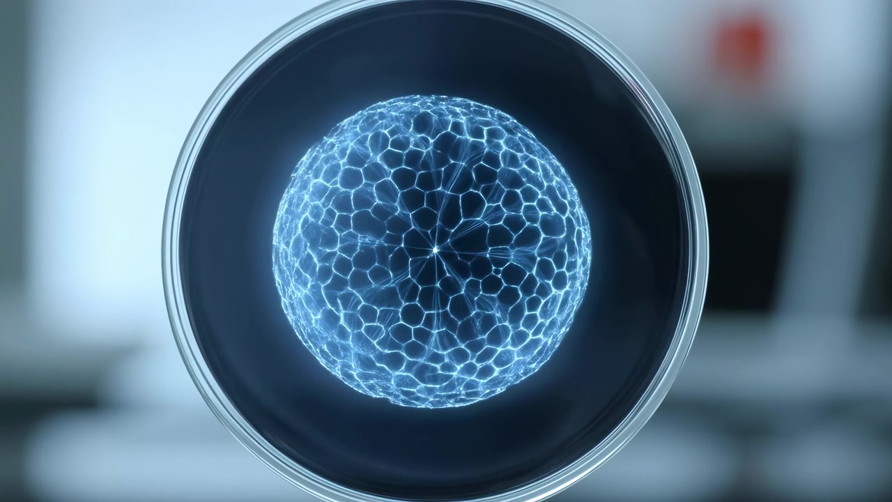 Centered circular device with a bright blue abstract energy pattern glowing inside, shown against a softly blurred indoor background with cool lighting