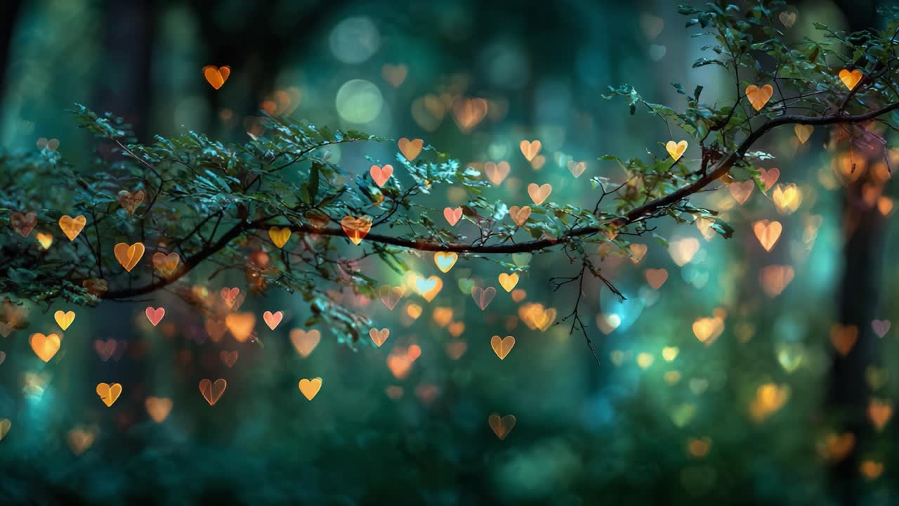 A Magical Forest Scene with Glowing Heart-Shaped Lights Draped Over Branches, Creating an Enchanting Atmosphere in Nature's Embrace