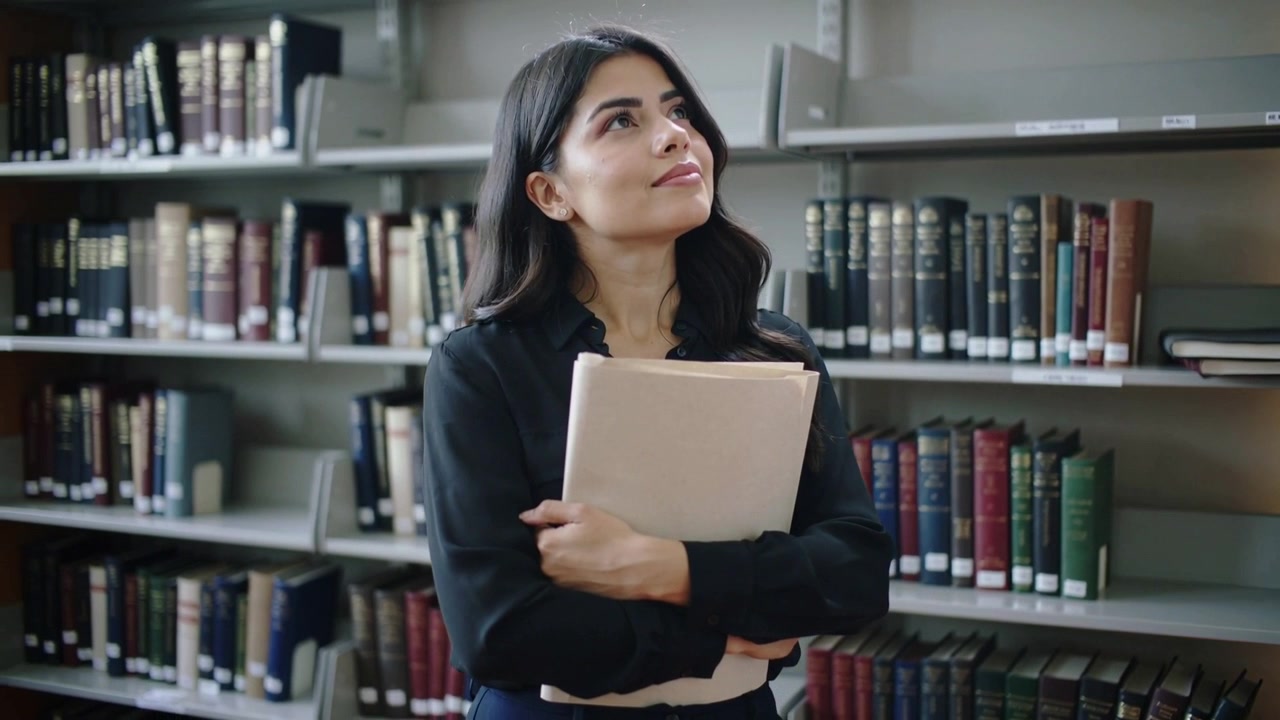 Donna in camicetta e pantaloni neri che tiene delle cartelle in biblioteca, guarda in alto, notando una persona che entra