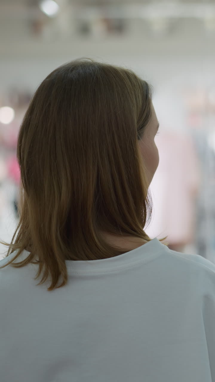 리테일 상점 앞에 서서 속옷을 입은 마네킨을 관찰하는 여성, 잘 조명된 쇼핑몰 환경에서 옷의 랙과 함께 흐릿한 배경에 둘러싸인 동안 상