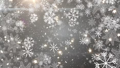 Animation-Von-Weißen-Weihnachtsschneeflocken-Und-Sternen,-Die-Auf-Grauen-Hintergrund-Fallen